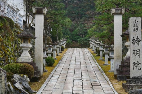 Jeden z příjezdů k všudypřítomným shukubo ubytováním ve strohém klášterním stylu buddhismu.