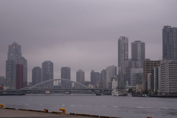Hlavní tokyjské přístaviště, Port of Tokyo, v podvečerním oparu.