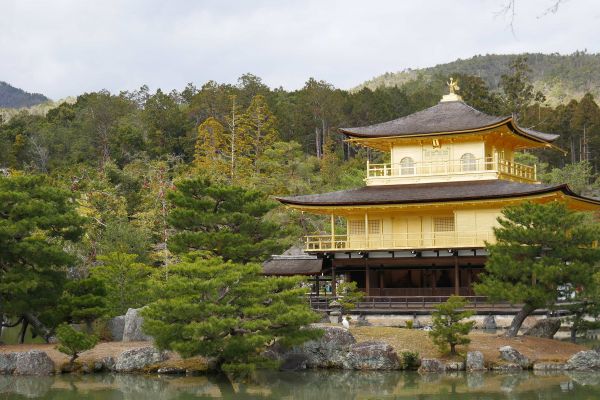 Zlatý pavilon Kinkakuji s malebným okolím.