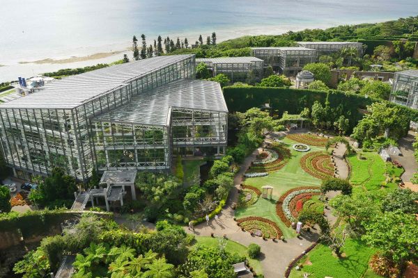 Skleníky v EXPO parku s exotickými stromy.