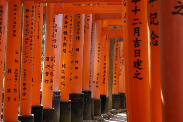 Tunely z bran torii. Nápisy na jednotlivých branách jsou texty dárců, za jejichž štědrost svatyni byly jednotlivé brány postaveny.